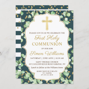 Greenery Gold Glitter First Heilige Communie Kaart