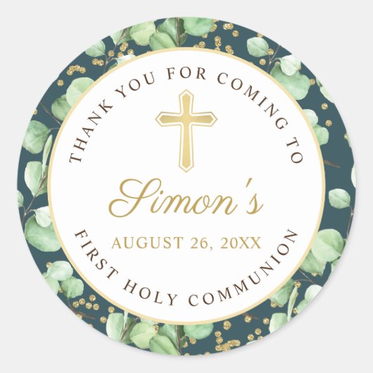 Greenery Gold Glitter First Heilige Communie Ronde Sticker (Voorkant)