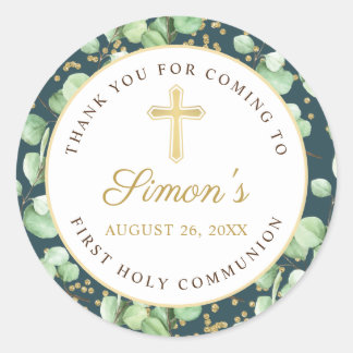 Greenery Gold Glitter First Heilige Communie Ronde Sticker