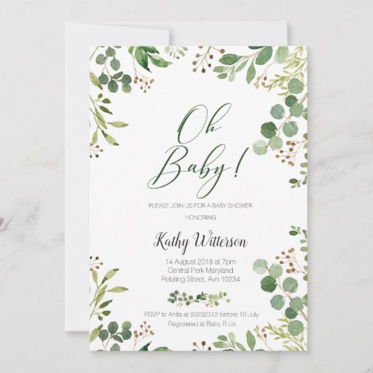 Greenery Gold Glitters Botanisch Baby shower Kaart (Voorkant)