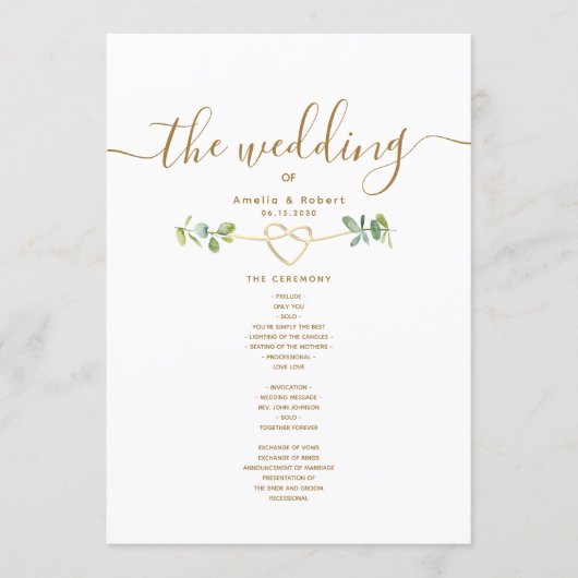 Greenery Gold Heart Wedding Program Programma (Voorkant)