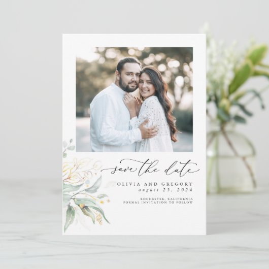 Greenery Gold laat Boho de datumfoto opslaan Save The Date (Staand voorkant)