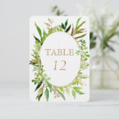 Greenery & Gold Leaf Framed Wedding Table Numbers Kaart (Staand voorkant)