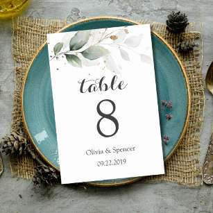 Greenery Gold Leaves Elegant Wedding Table Number Kaart