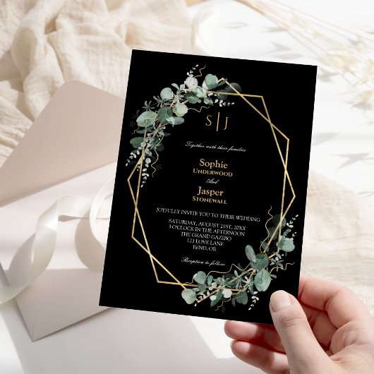 Greenery Gold Lijst Simple Black Monogram Weddensc Kaart