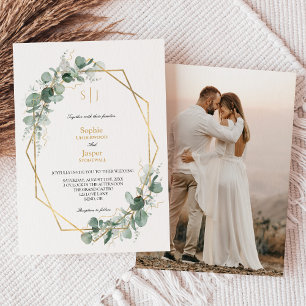 Greenery Gold Lijst Simple Monogram Photo Weddensc Kaart