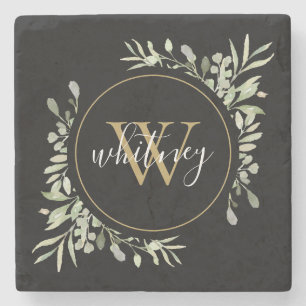 Greenery Gold Monogram Elegant Script Black Stenen Onderzetter