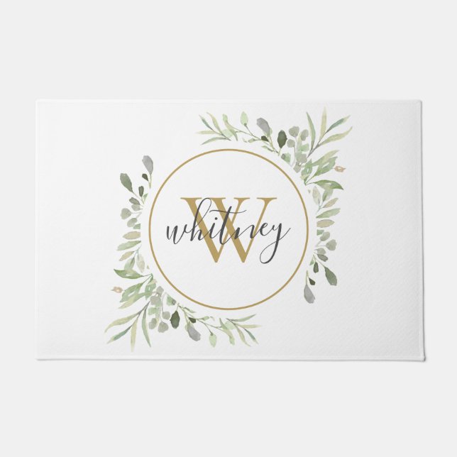 Greenery Gold Monogram Girly Script Deurmat (Voorkant)
