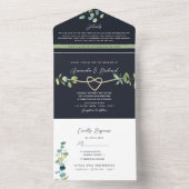 Greenery Gold Navy Wedding All In One Uitnodiging (Binnen)