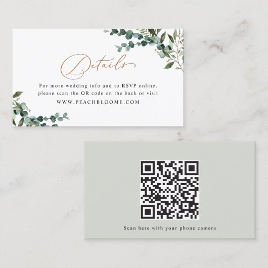 Greenery Gold QR Code Wedding Enclosure Card Visitekaartje (Voorkant / Achterkant)