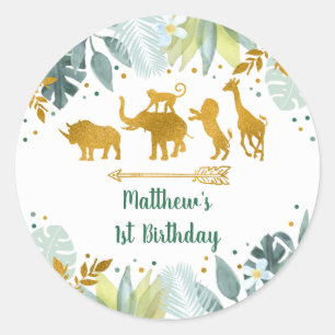 Greenery Gold Safari Animal Birthday Ronde Sticker