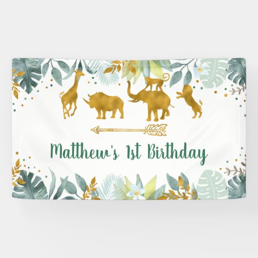 Greenery Gold Safari Animal Birthday Spandoek (Horizontaal)