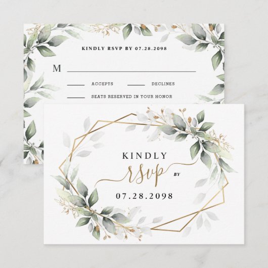 Greenery & Gold Two 2 Meal Choice Rustic Wedding RSVP Kaartje (Voorkant / Achterkant)