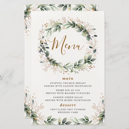 Greenery Gold Waterverf Leaf Wedding Menu Kaarten (Voorkant / Achterkant)