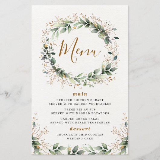 Greenery Gold Waterverf Leaf Wedding Menu Kaarten (Voorkant)