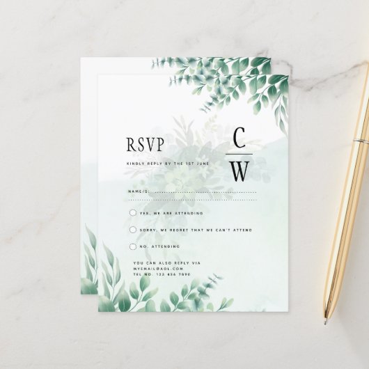 Greenery Gold Wedding Eucalyptus RSVP QR CODE (Voorkant / Achterkant in situ)