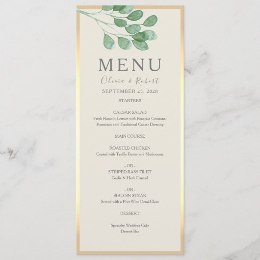 Greenery Gold Wedding Menu Kaart (Voorkant)