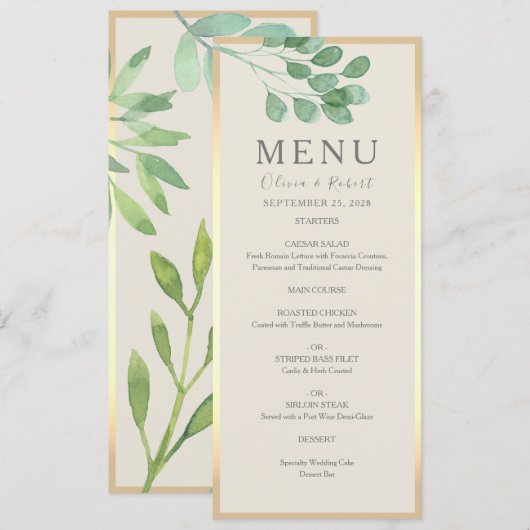 Greenery Gold Wedding Menu Kaart (Voorkant / Achterkant)