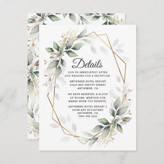 Greenery Green en Gold Geometric Rustic Wedding Informatiekaartje (Voorkant / Achterkant)