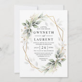 Greenery Green en Gold Geometric Rustic Wedding Kaart (Voorkant)