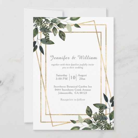 Greenery Green en Gold Geometric Rustic Wedding Kaart (Voorkant)