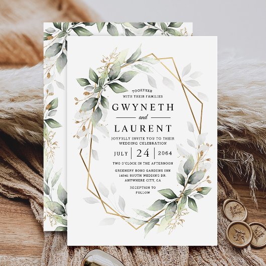 Greenery Green en Gold Geometric Rustic Wedding Kaart
