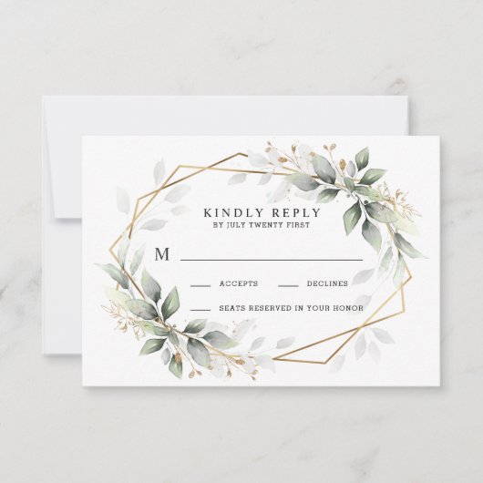 Greenery Green en Gold Geometric Rustic Wedding RSVP Kaartje (Voorkant)