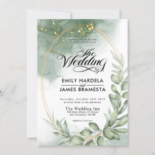 Greenery Green Oval Gold Lijst Waterverf Wedding Kaart