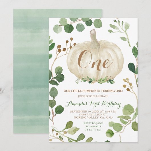 Greenery Herfst White Pumpkin 1st Birthday Kaart (Voorkant / Achterkant)