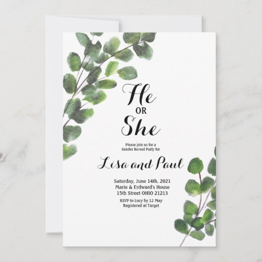 Greenery Hij of zij Gender Reveal Uitnodiging (Voorkant)