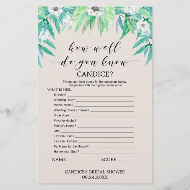 Greenery "Hoe goed ken je de Bride" Game (Voorkant)