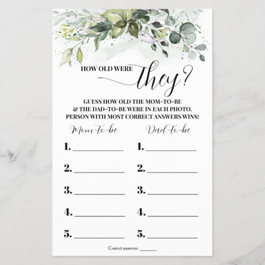 Greenery Hoe oud waren ze Baby shower Game Kaart (Voorkant)