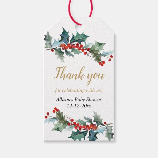 Greenery holly rood gouden kerst baby shower cadeaulabel (Voorkant)
