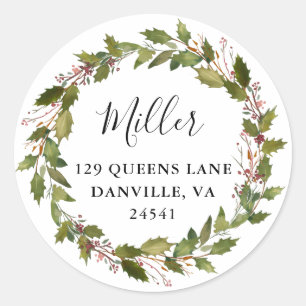 Greenery Holly Wreath Return Address Ronde Sticker