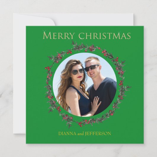 Greenery Holly Wreath that encloses your photo Feestdagenkaart (Voorkant)