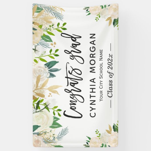 Greenery Ivory Gold Floral Afstuderen Afstuderen Spandoek (Verticaal)