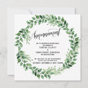 Greenery krans uitgestelde bruiloft aankondiging