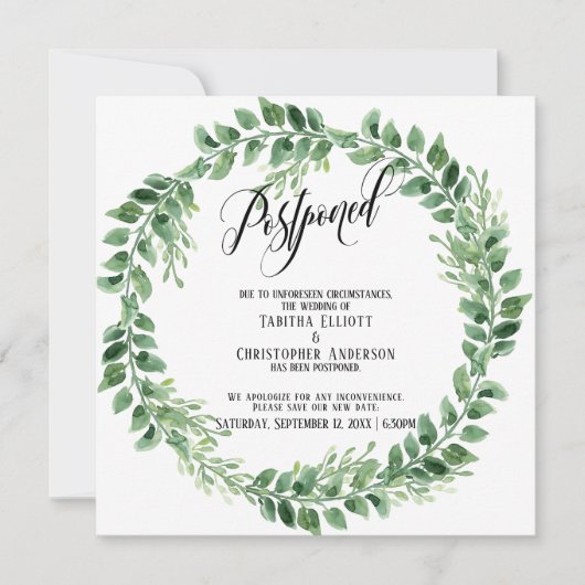 Greenery krans uitgestelde bruiloft aankondiging (Voorkant)