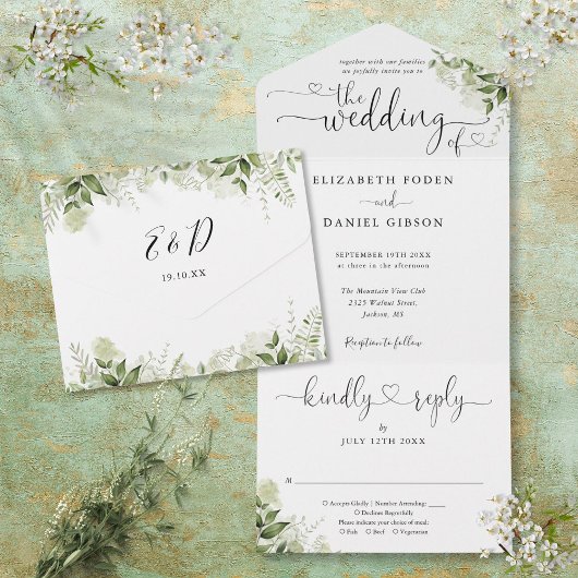 Greenery laat elegant Script Hearts Weddenschap All In One Uitnodiging