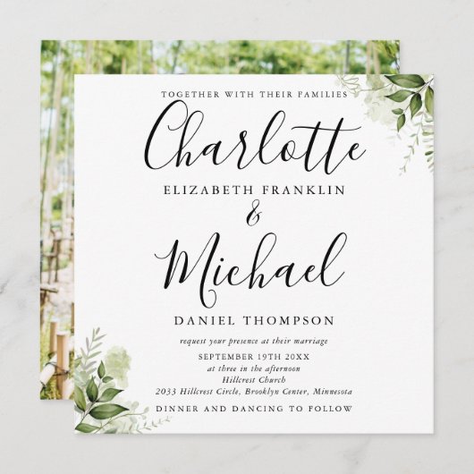 Greenery laat legant script foto Wedding Kaart (Voorkant / Achterkant)