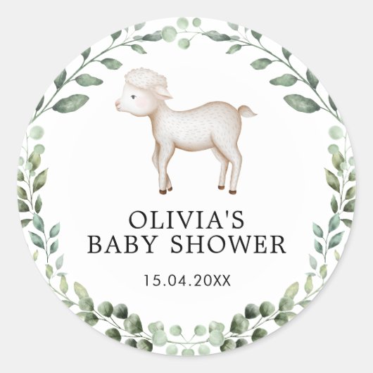 Greenery Lamb Baby shower Spring Sheep Favors Ronde Sticker (Voorkant)