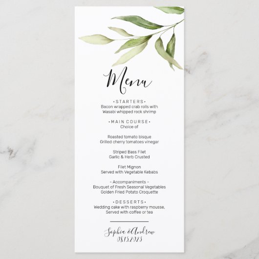 Greenery Leaf Floral Minimal Wedding Menu (Voorkant)