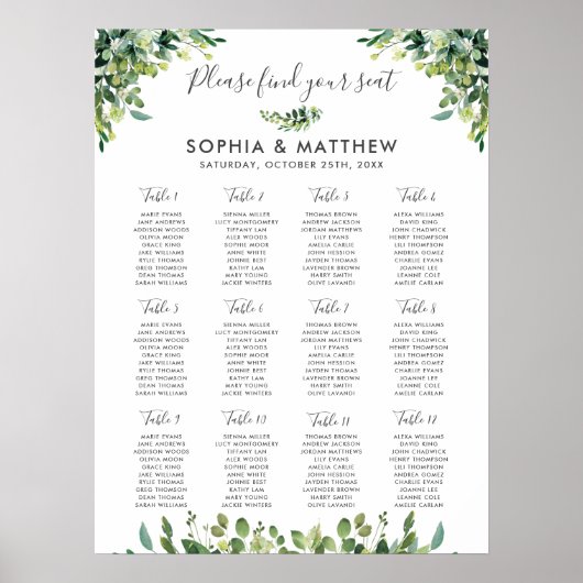 Greenery Leafy Botanical Wedding Seating Chart Poster (Voorkant)