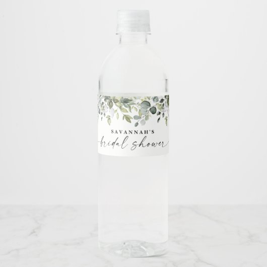 Greenery Leafy Branch Modern Script Vrijgezellenfe Waterfles Etiket (Voorkant)