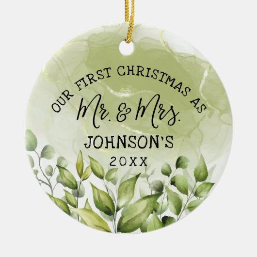 Greenery Leaves First Kerstmis als Mr en Mrs. Keramisch Ornament (Voorkant)