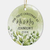 Greenery Leaves First Kerstmis als Mr en Mrs. Keramisch Ornament (Links)