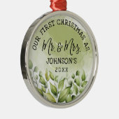 Greenery Leaves First Kerstmis als Mr en Mrs. Metalen Ornament (Rechts)