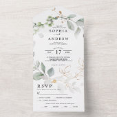 Greenery Leaves & Gold All in One Wedding Invite All In One Uitnodiging (Binnen)
