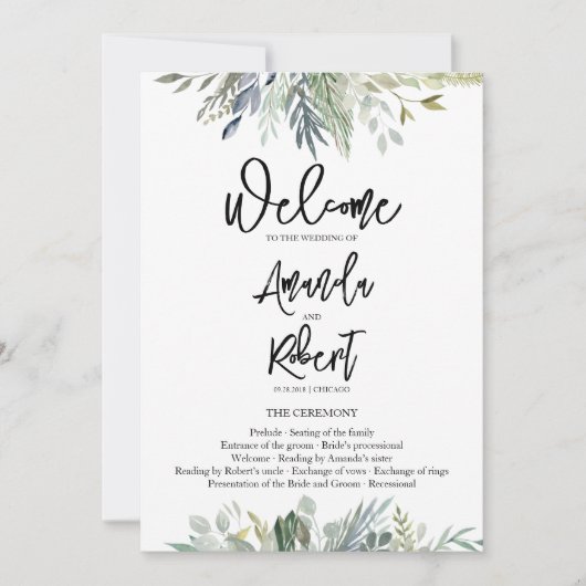 Greenery Leaves Wedding Ceremony Program Kaart (Voorkant)