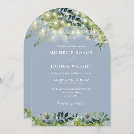 Greenery Lights Arch Dusty Blue QR Code Wedding Kaart (Voorkant / Achterkant)